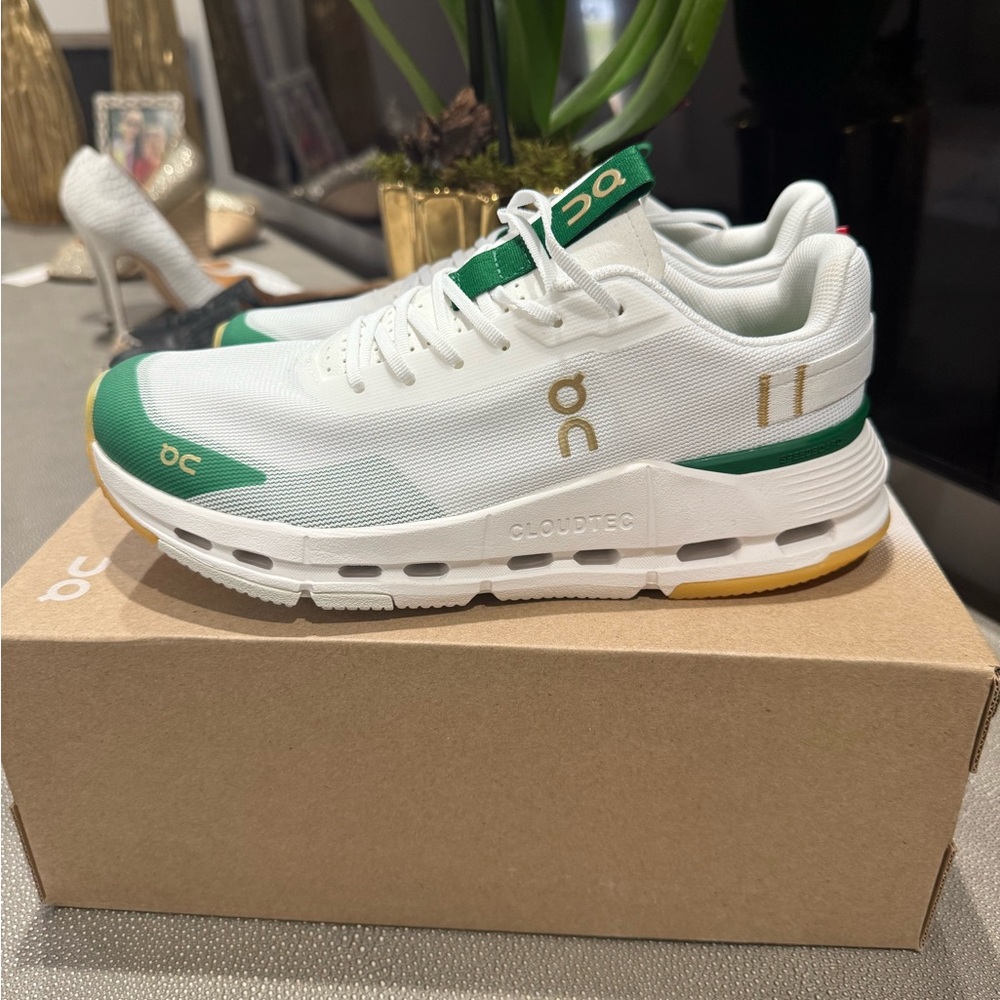 On Running White and Green Sneakers